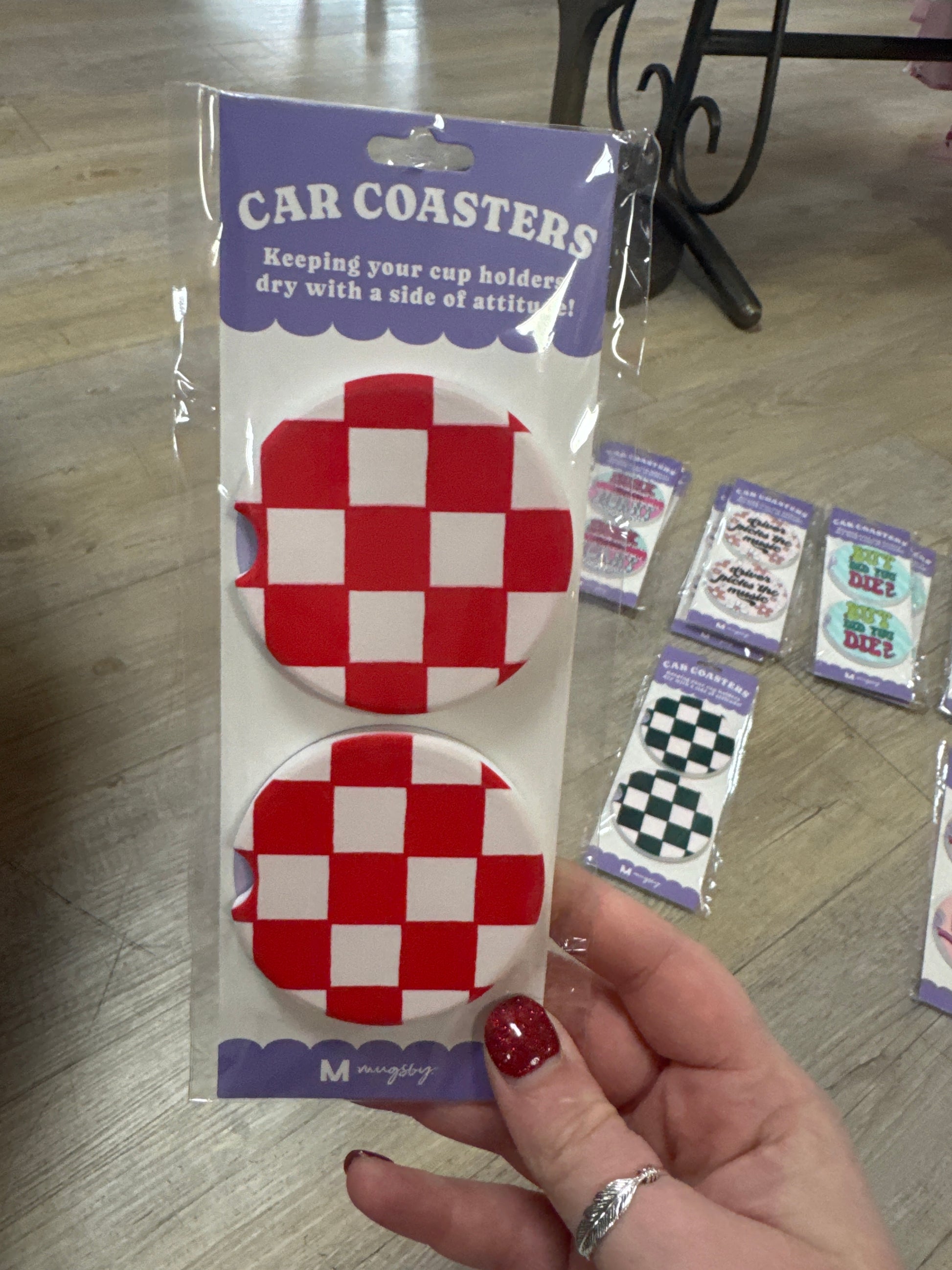 CAR COASTERS - 2PC - CHECKERED RED - Pharm Favorites by Economy Pharmacy