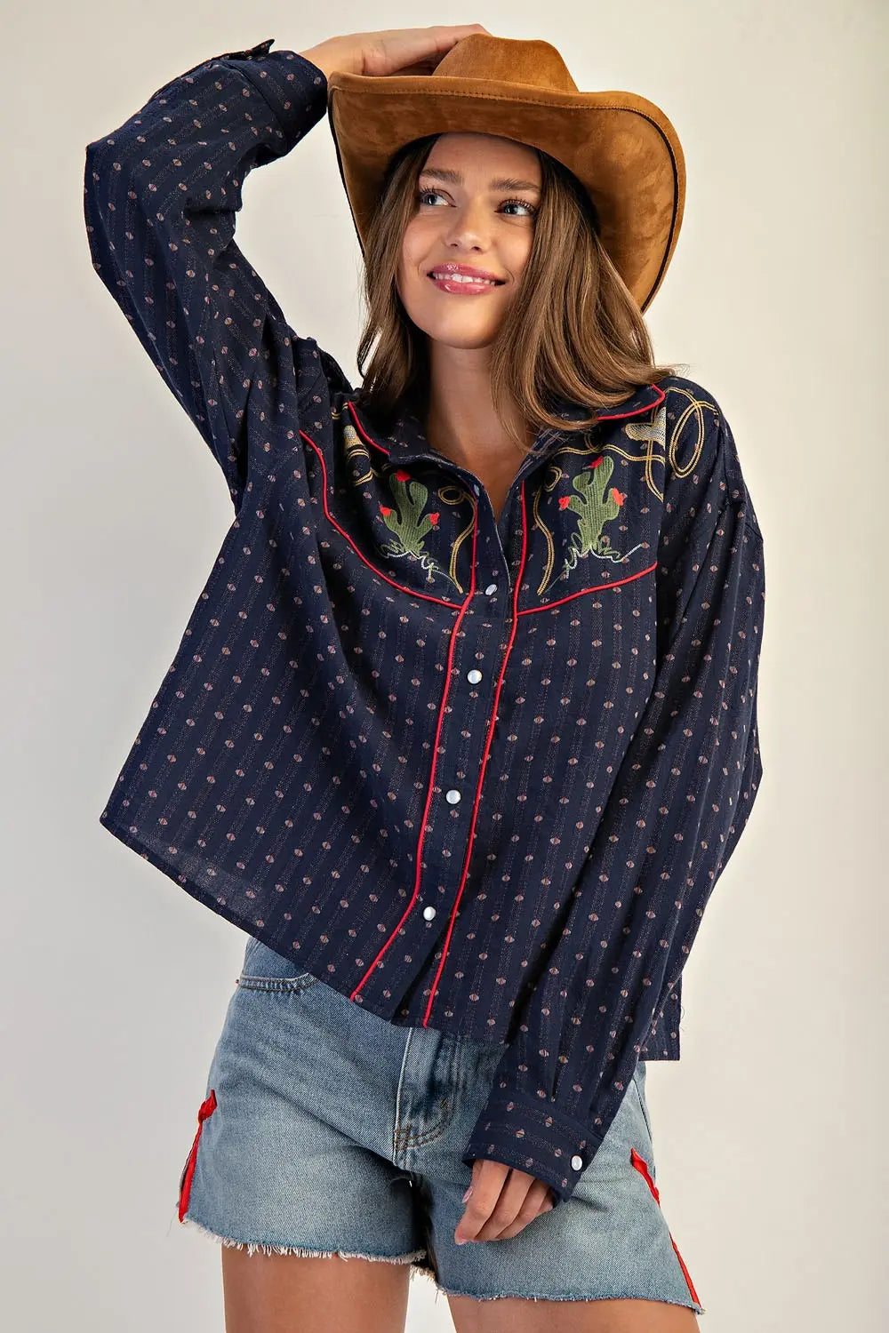 WESTERN NAVY EMBROIDERED BUTTON DOWN SHIRT