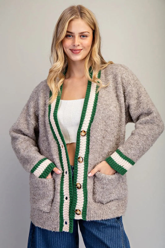 MOCHA MOUSSE CONTRAST TRIM BUTTON DOWN PREPPY CARDIGAN