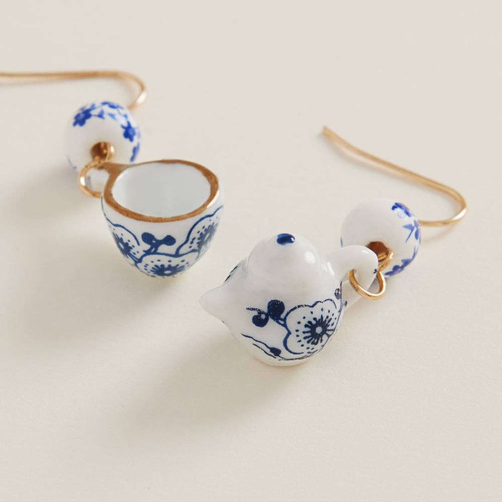Teapot N Cup Shaped Ceramic Bead Brass Hook Earrings