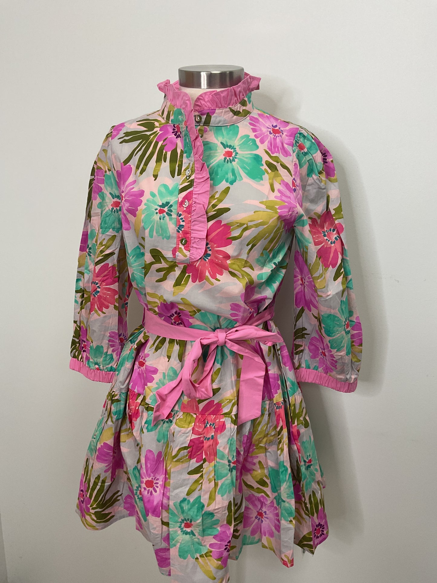 3/4 SLEEVE TIERED FLORAL WITH WAIST TIE - PINK MIX