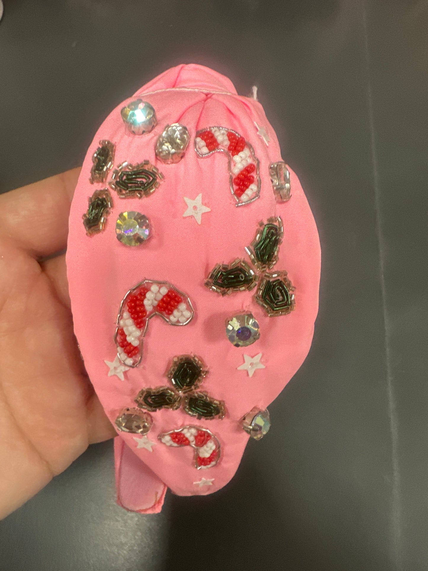 Bright Pink Headband w/ Candy Canes & Holly