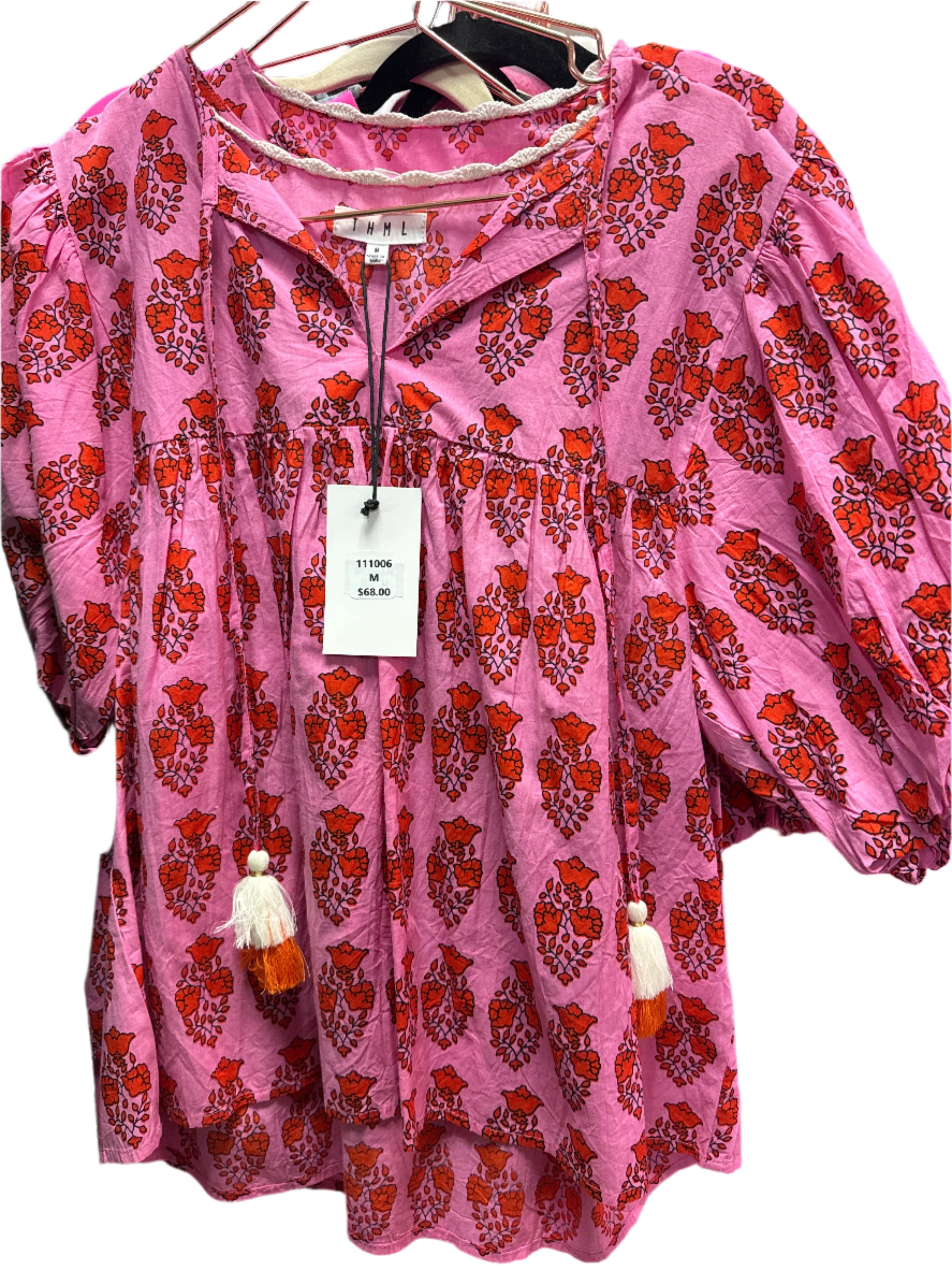 TASSLE TIE PRINT TOP - PINK & RED