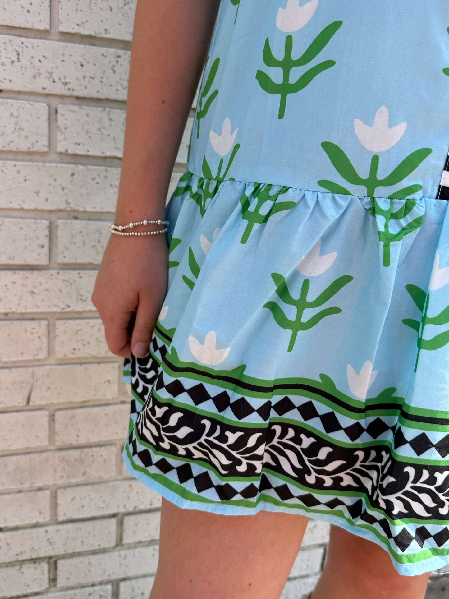 LIGHT BLUE FLORAL PRINT MINI DRESS WITH CONTRAST TRIM