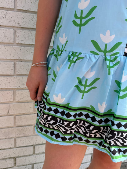 LIGHT BLUE FLORAL PRINT MINI DRESS WITH CONTRAST TRIM