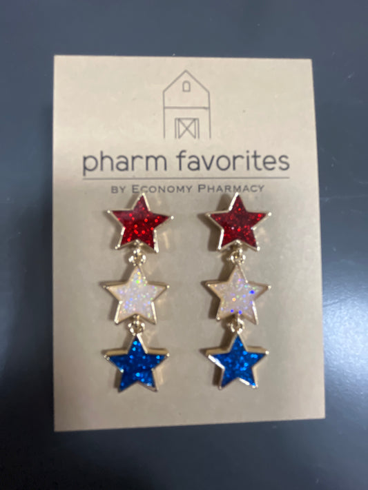 RED BLUE & WHITE STAR TRIPLE DROP EARRINGS