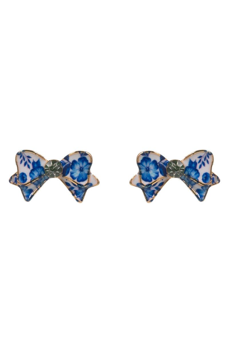 Flower Print On Enamel Bow Titanium Post Earrings