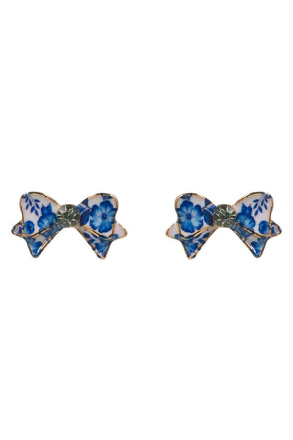 Flower Print On Enamel Bow Titanium Post Earrings