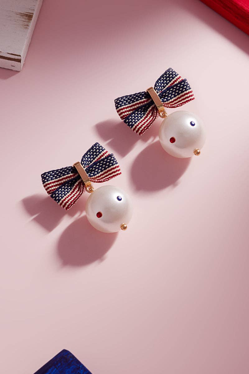 Ribbon American Flag W Pearl Chain Post Earrings