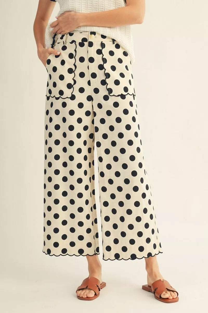 BLACK POLKA DOT WIDE LEG PANT WITH SCALLOP DETAIL