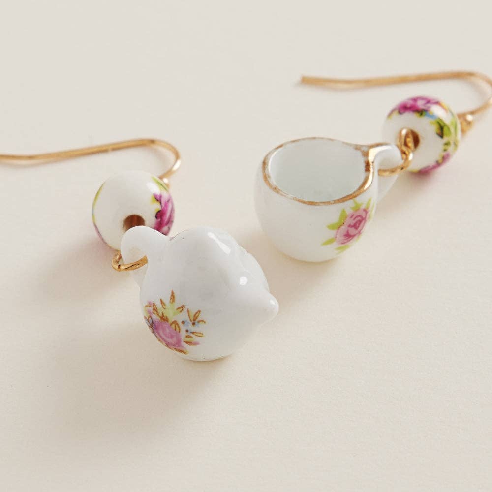 Teapot N Cup Shaped Ceramic Bead Brass Hook Earrings