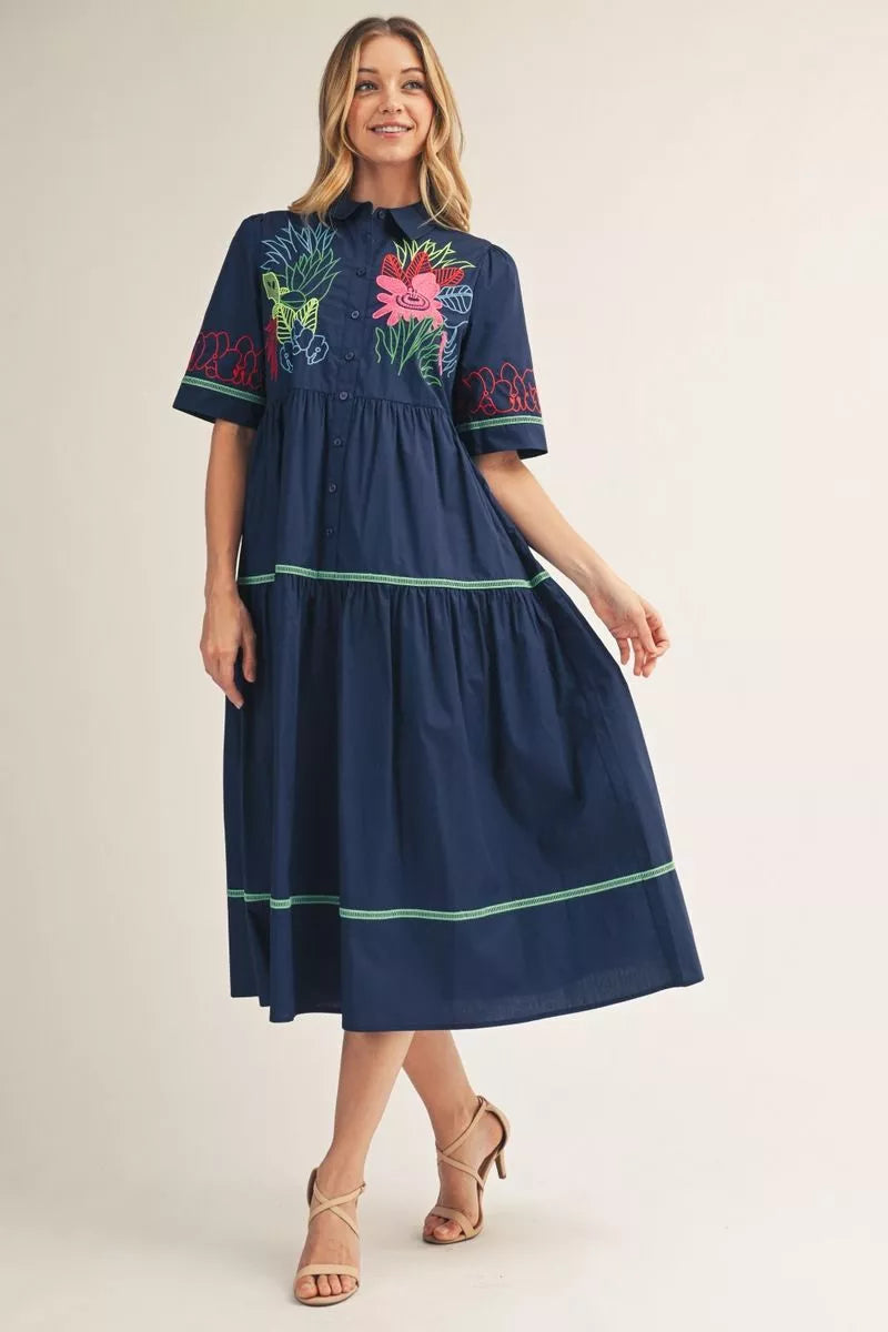 SHORT SLEEVE BUTTON DOWN TIERED MIDI DRESS - NAVY