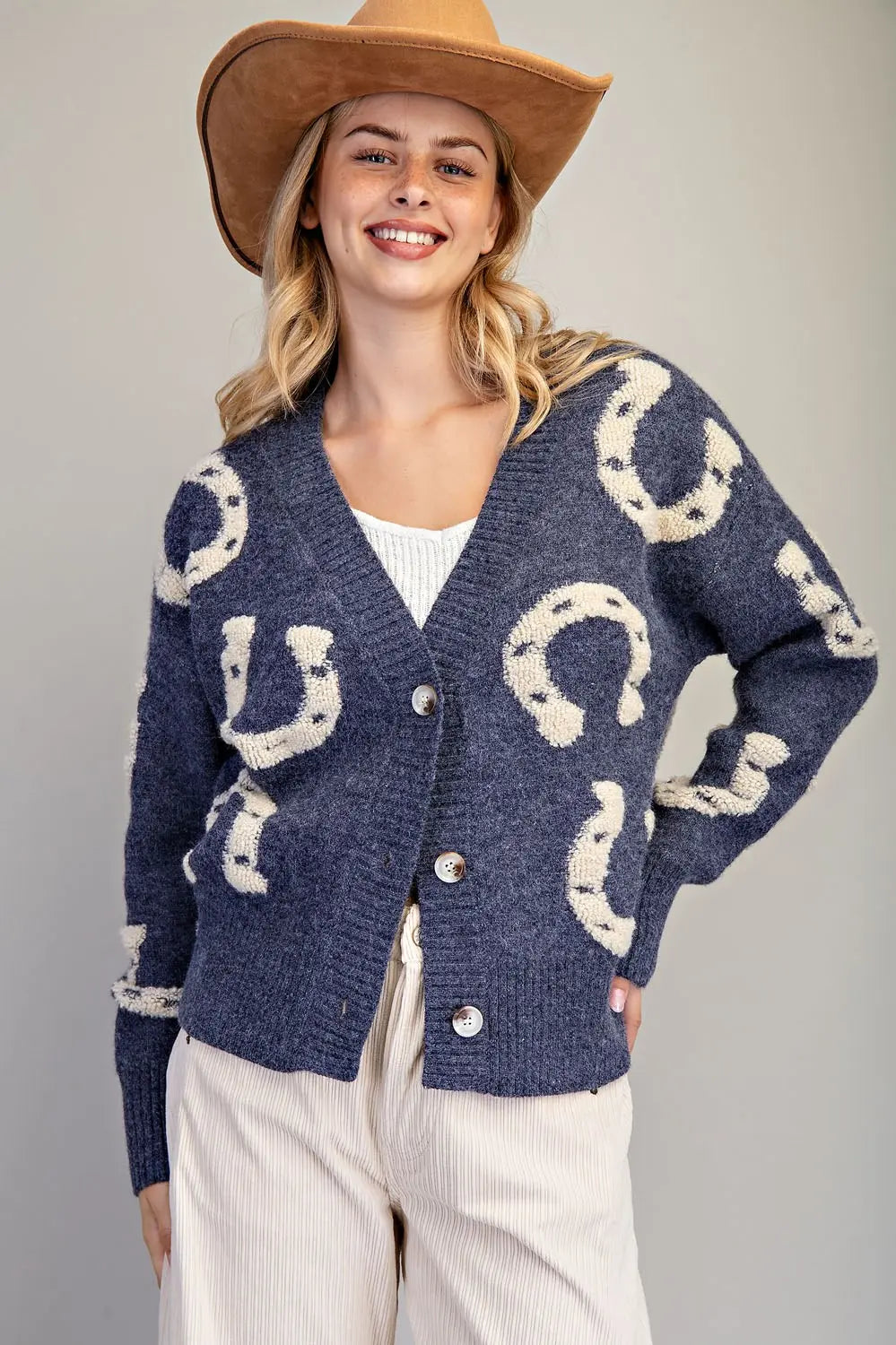 MIDNIGHT OAT TEXTURED HORSE SHOE BUTTON DOWN CARDIGAN