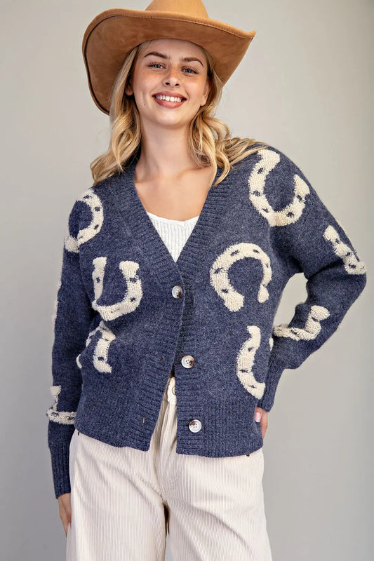 MIDNIGHT OAT TEXTURED HORSE SHOE BUTTON DOWN CARDIGAN