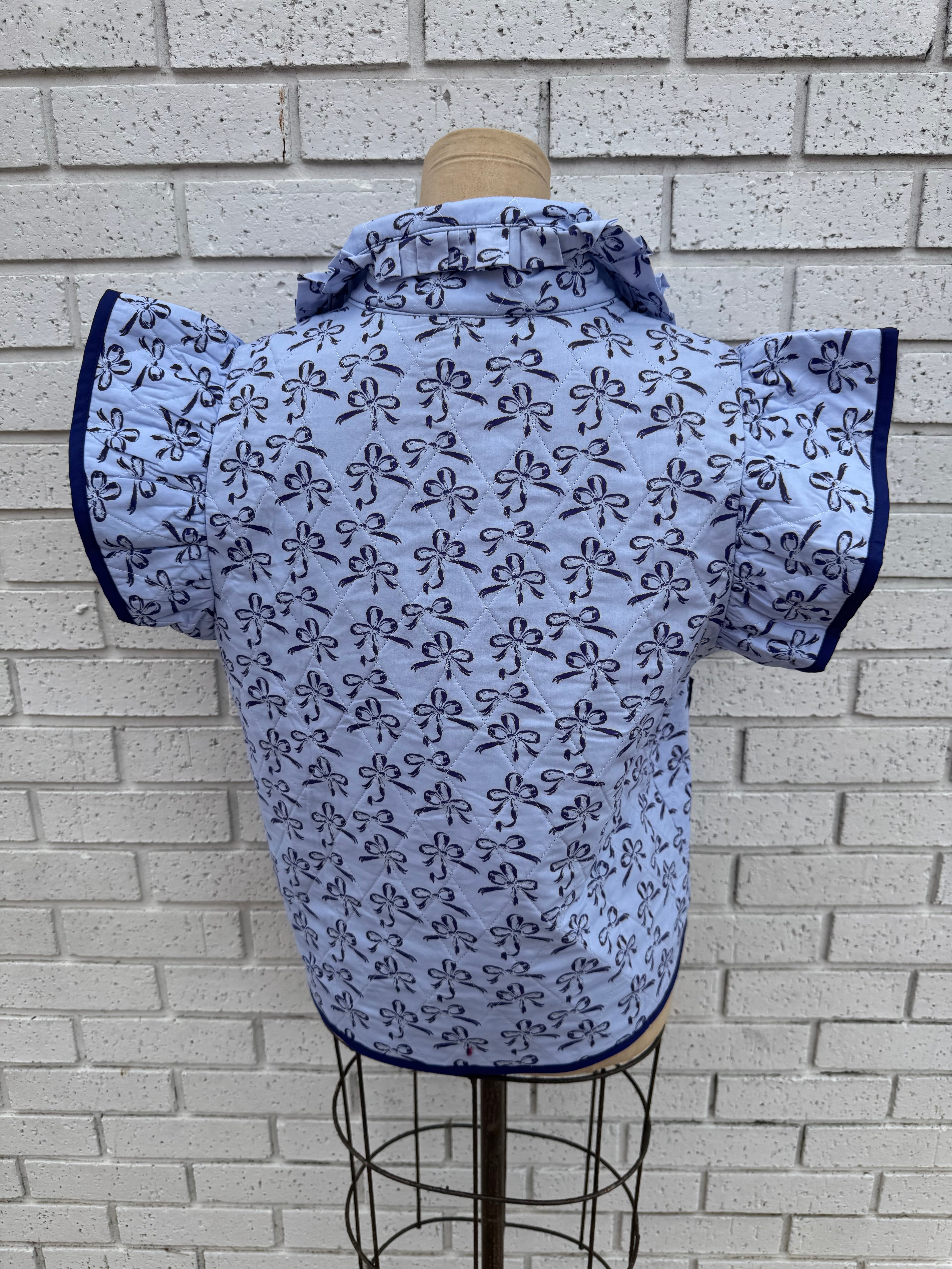 Blue Patterned Quilted Vest with Ties