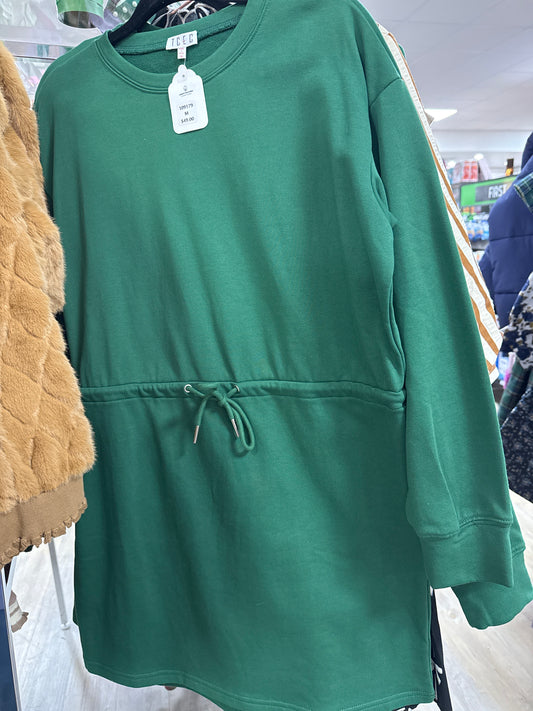 HUNTER GREEN SWEATSHIRT DRESS W/DRAWSTRING