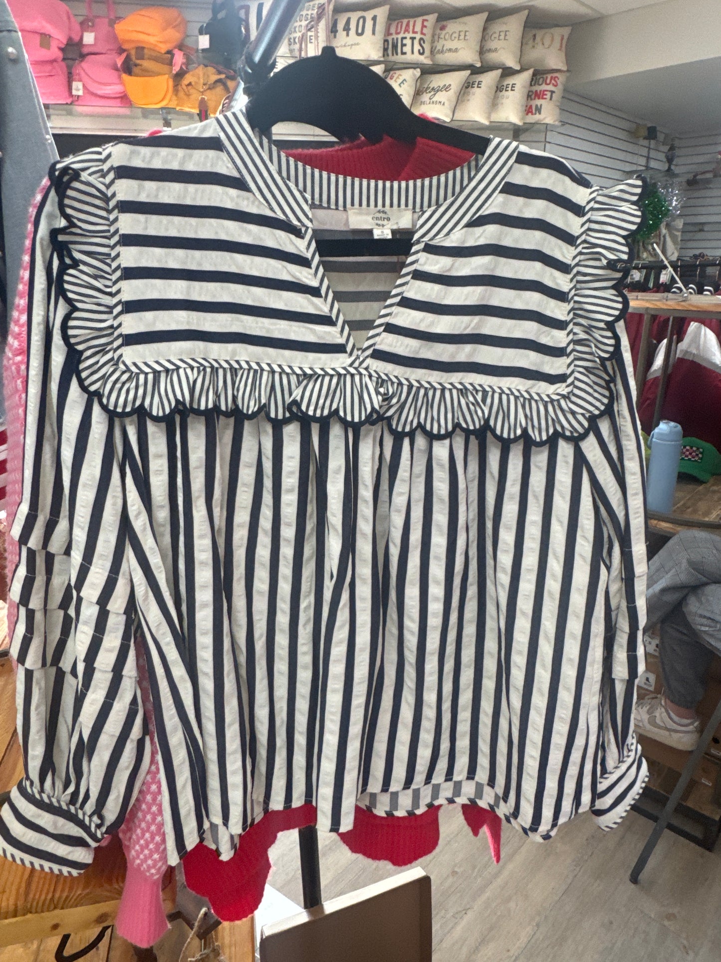 NAVY STRIPE BLOUSE W/RUFFLE