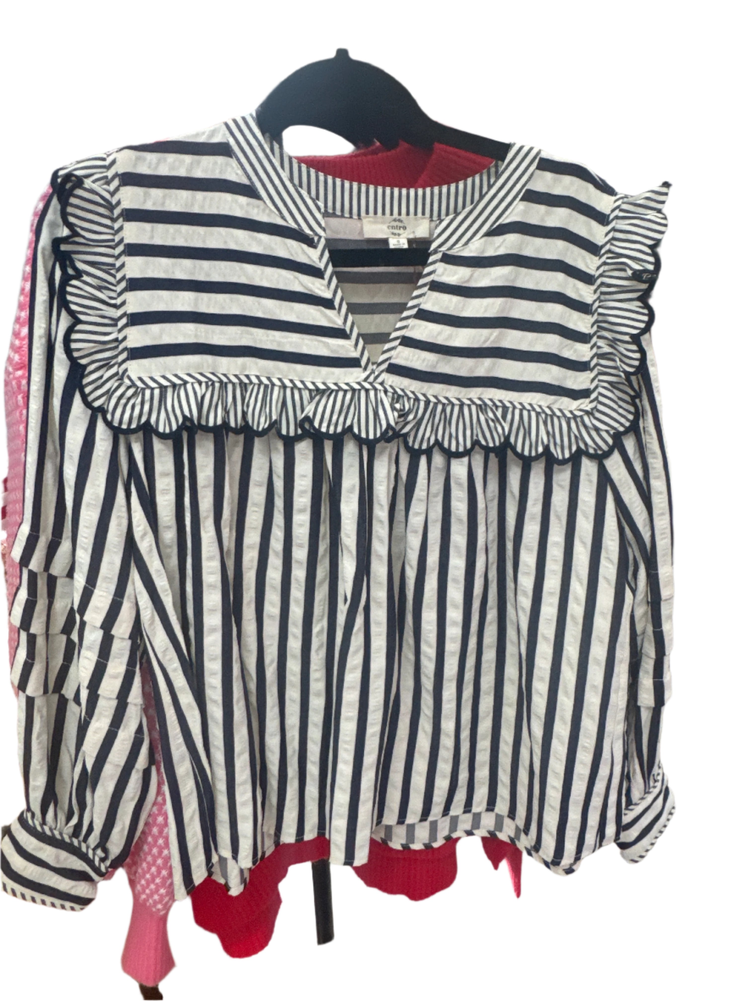 NAVY STRIPE BLOUSE W/RUFFLE