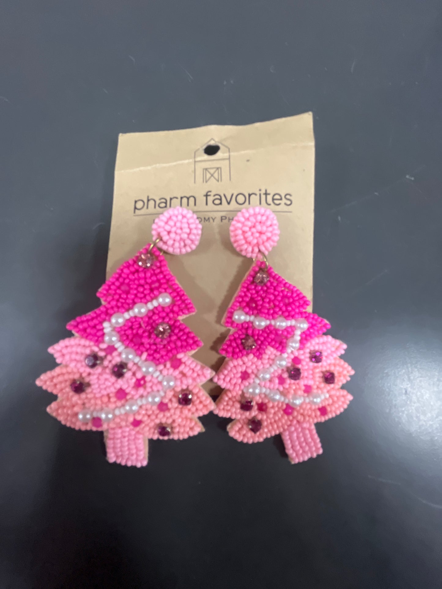 Pink Beaded Christmas Tree Earrings