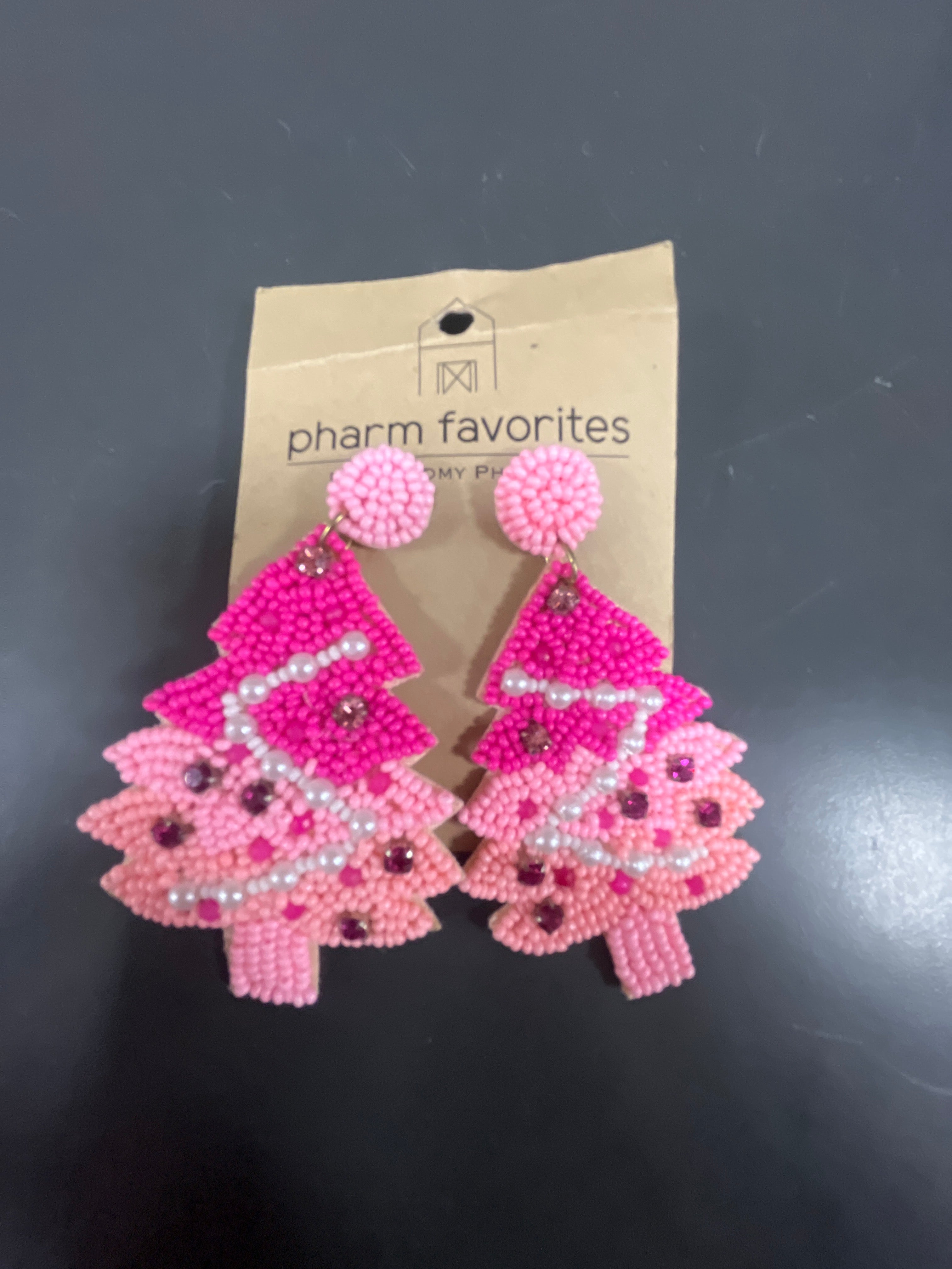 Pink Beaded Christmas Tree Earrings