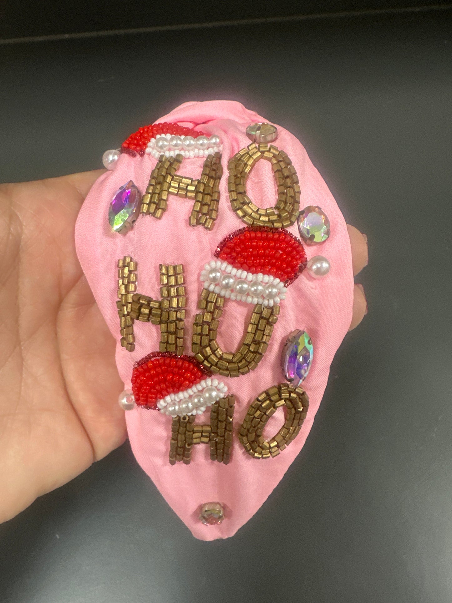 Bright Pink Headband w/ Gold Ho Ho Ho
