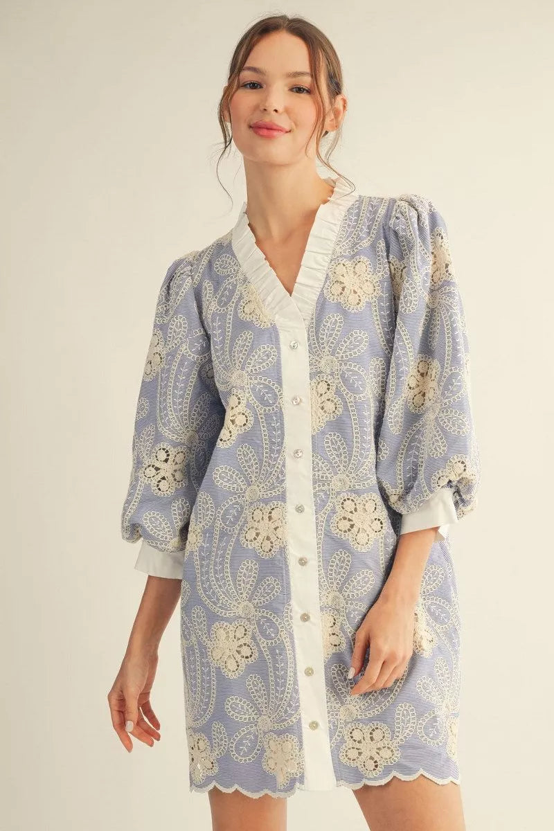 3/4 PUFF SLEEVE CROCHETED PIN STRIPE DRESS WITH SLEEP - BLUE