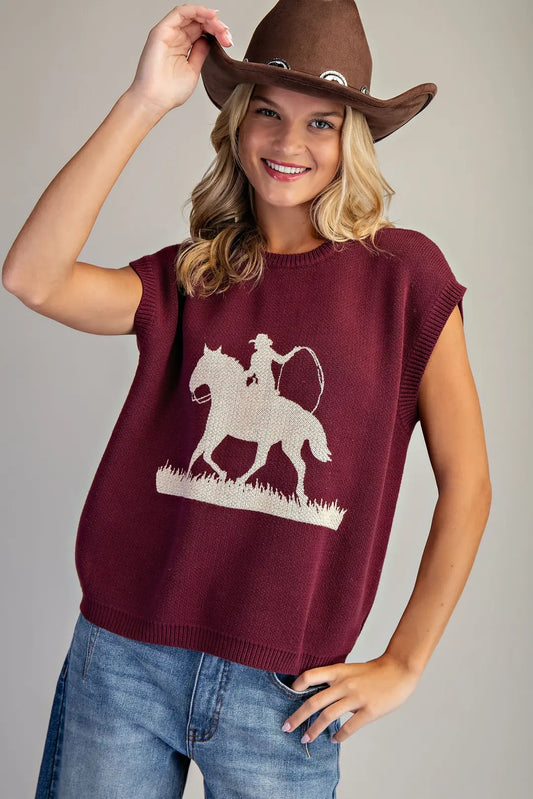 WINE WESTERN GRAPHIC CAP SLEEVE SWEATER