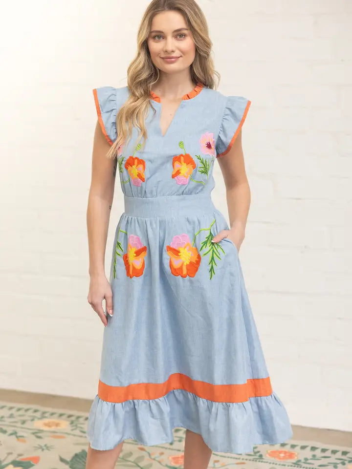 DENIM BLUE RUFFLE DETAILED FLORAL EMROIDERY MIDI DRESS