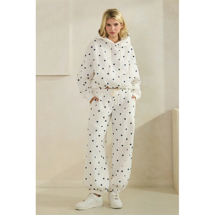 WHITE W/NAVY POLKA DOT HOODIE 2PC SWEAT SET - Pharm Favorites by Economy Pharmacy