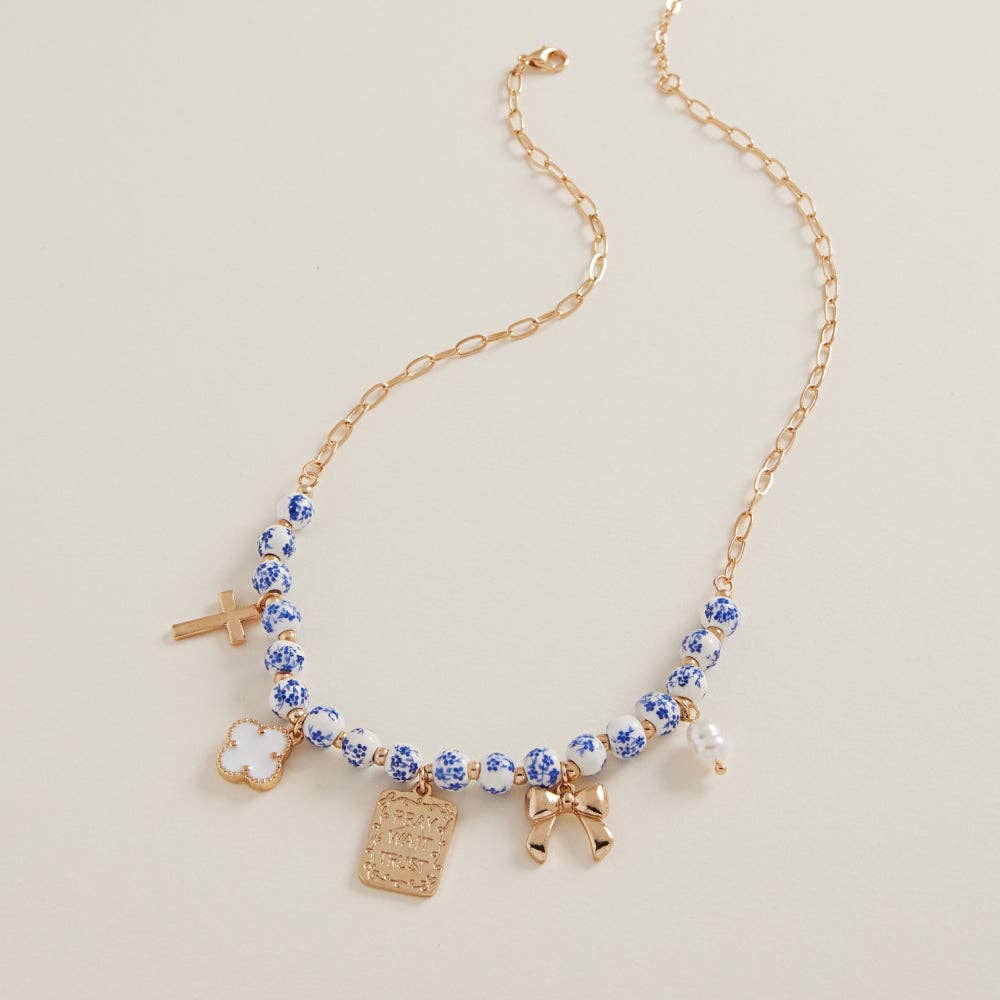 Mixed Shaped Metal Charms Ceramic Beads Necklace