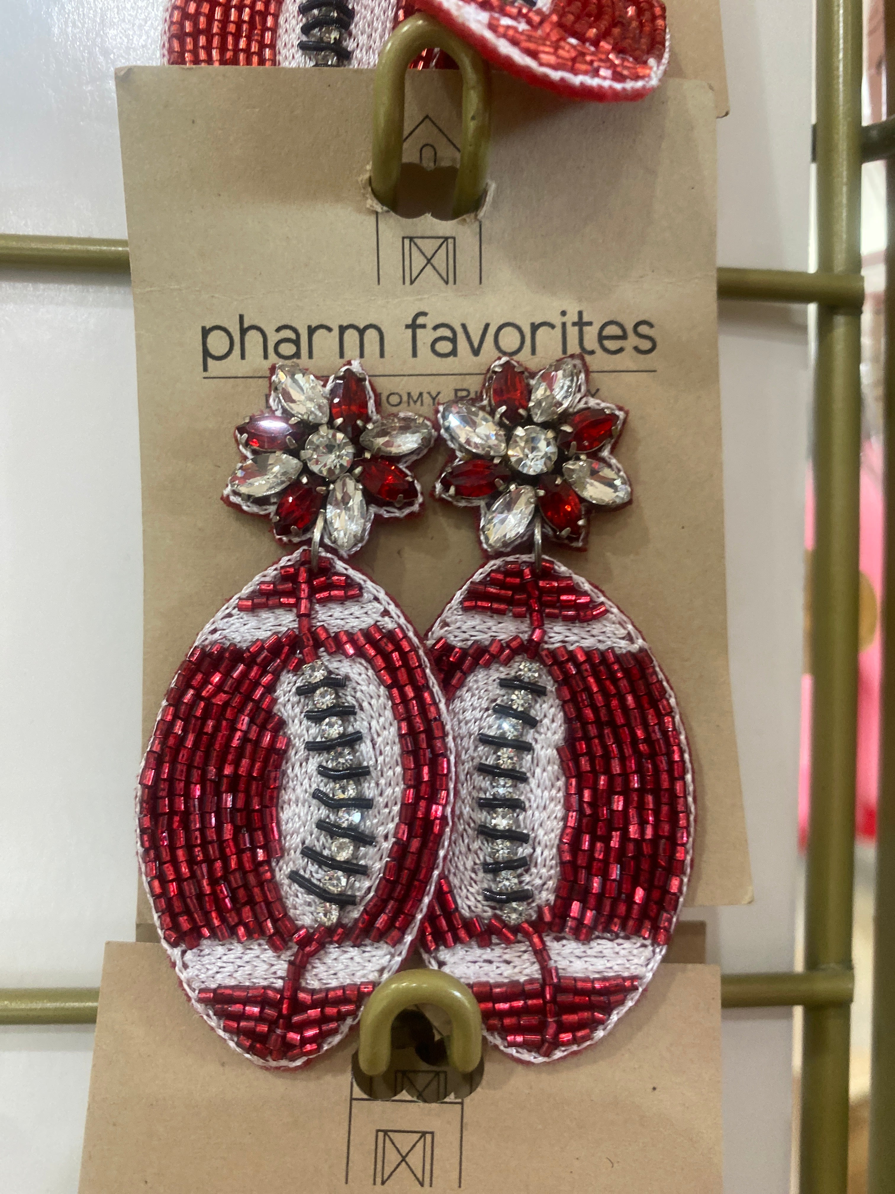 FIELD GOAL BEADED FOOTBALL EARRINGS - CRIMSON/WHT