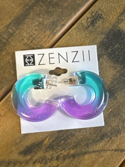 CHUNKY GLITTER LUCITE OPEN HOOP EARRINGS - BLUE