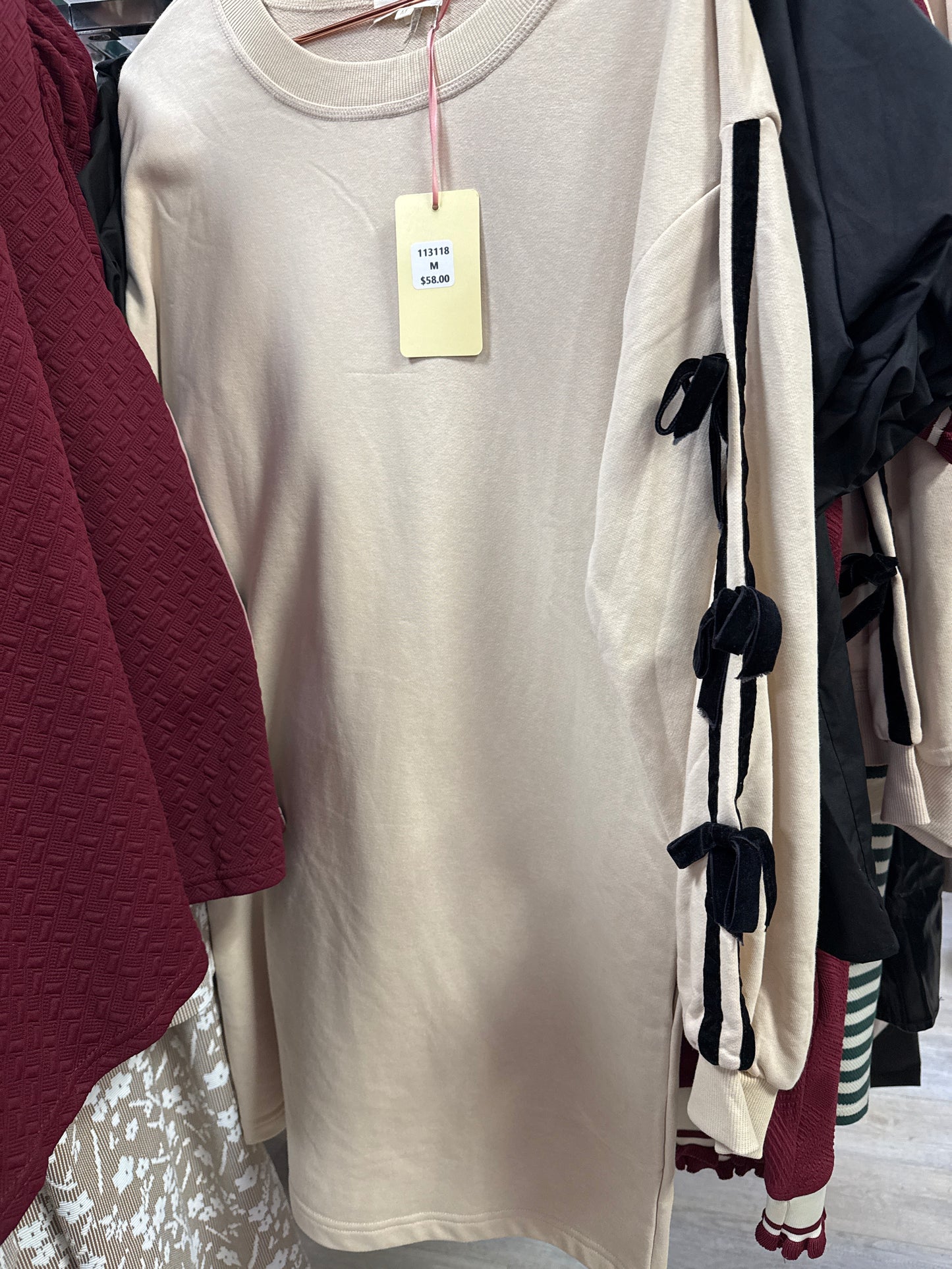 TAUPE SWEATSHIRT DRESS W/BLK VELVET RIBBON TRIM