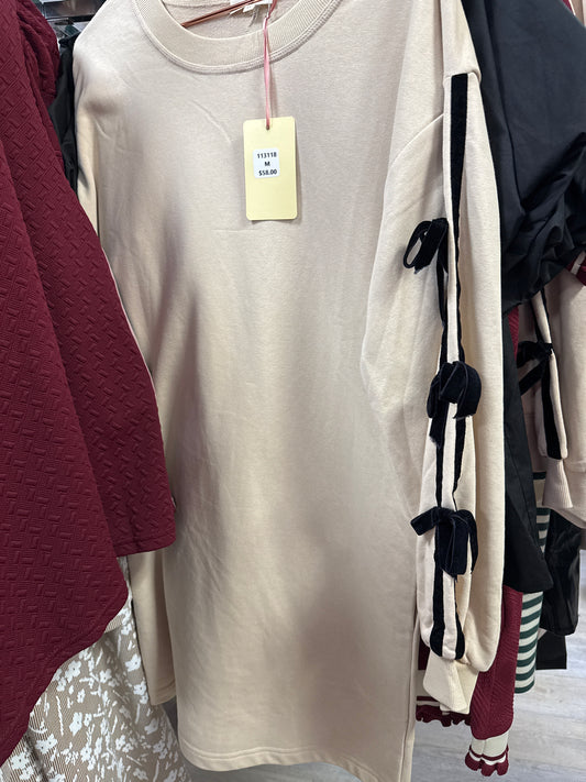 TAUPE SWEATSHIRT DRESS W/BLK VELVET RIBBON TRIM