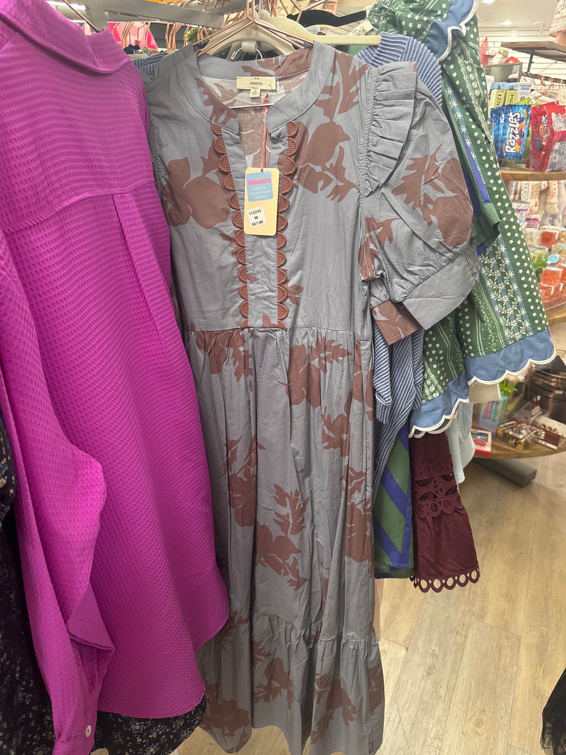 SLATE BLUE DRESS W/ LARGE BROWN FLORALS - Pharm Favorites by Economy Pharmacy
