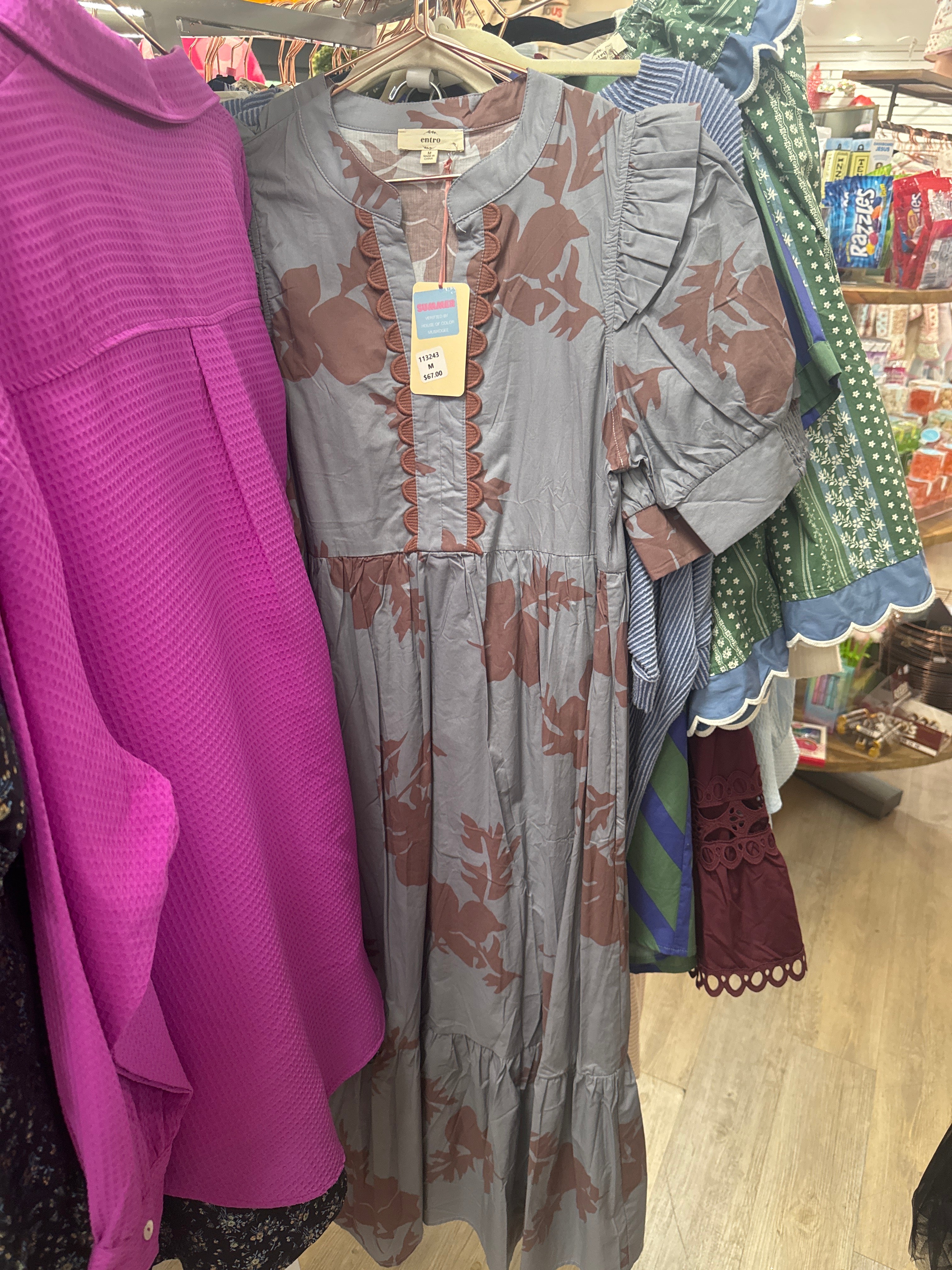 SLATE BLUE DRESS W/ LARGE BROWN FLORALS