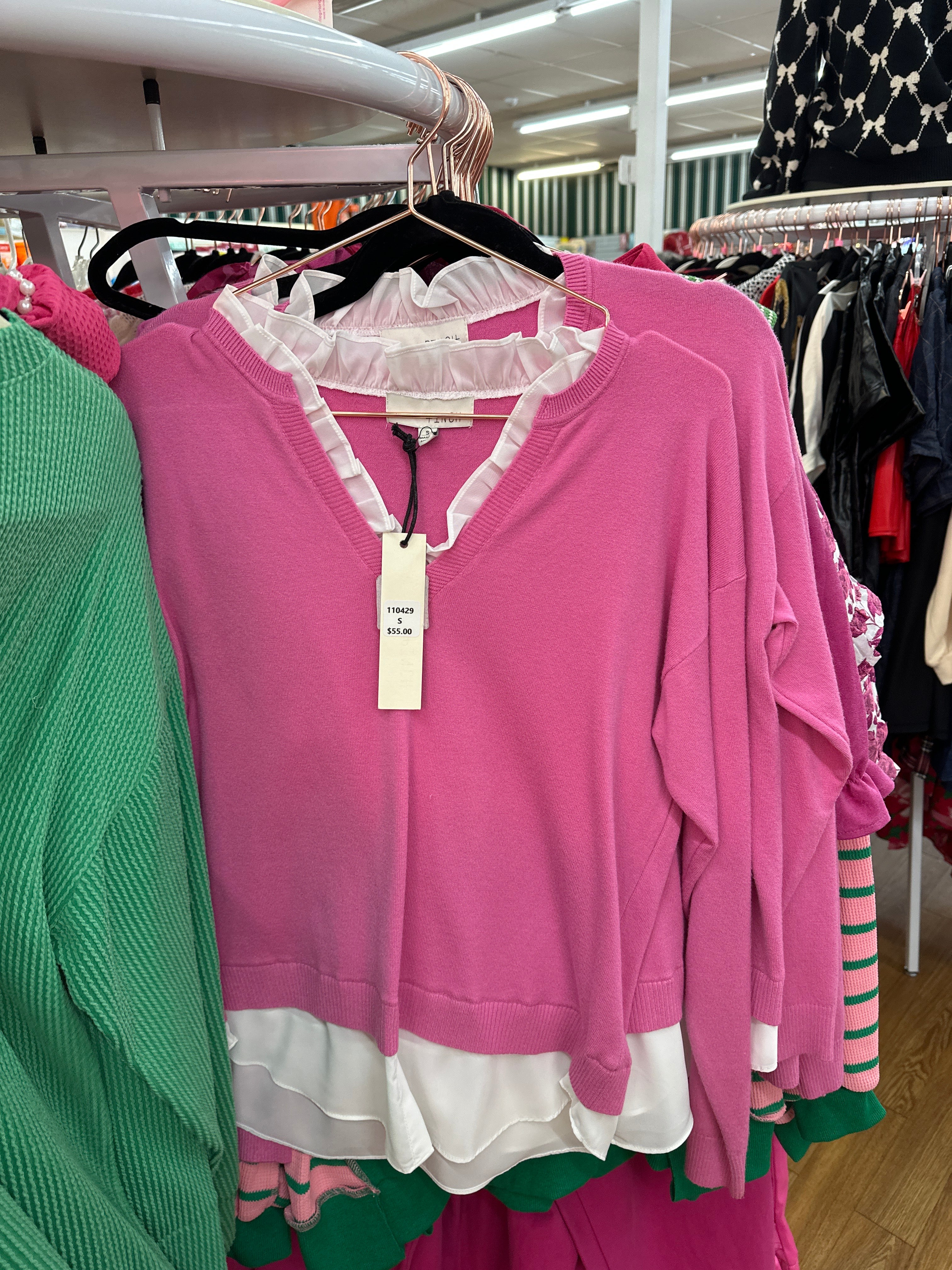 PINK VNECK WOVEN MOCK LAYERED BLOUSE