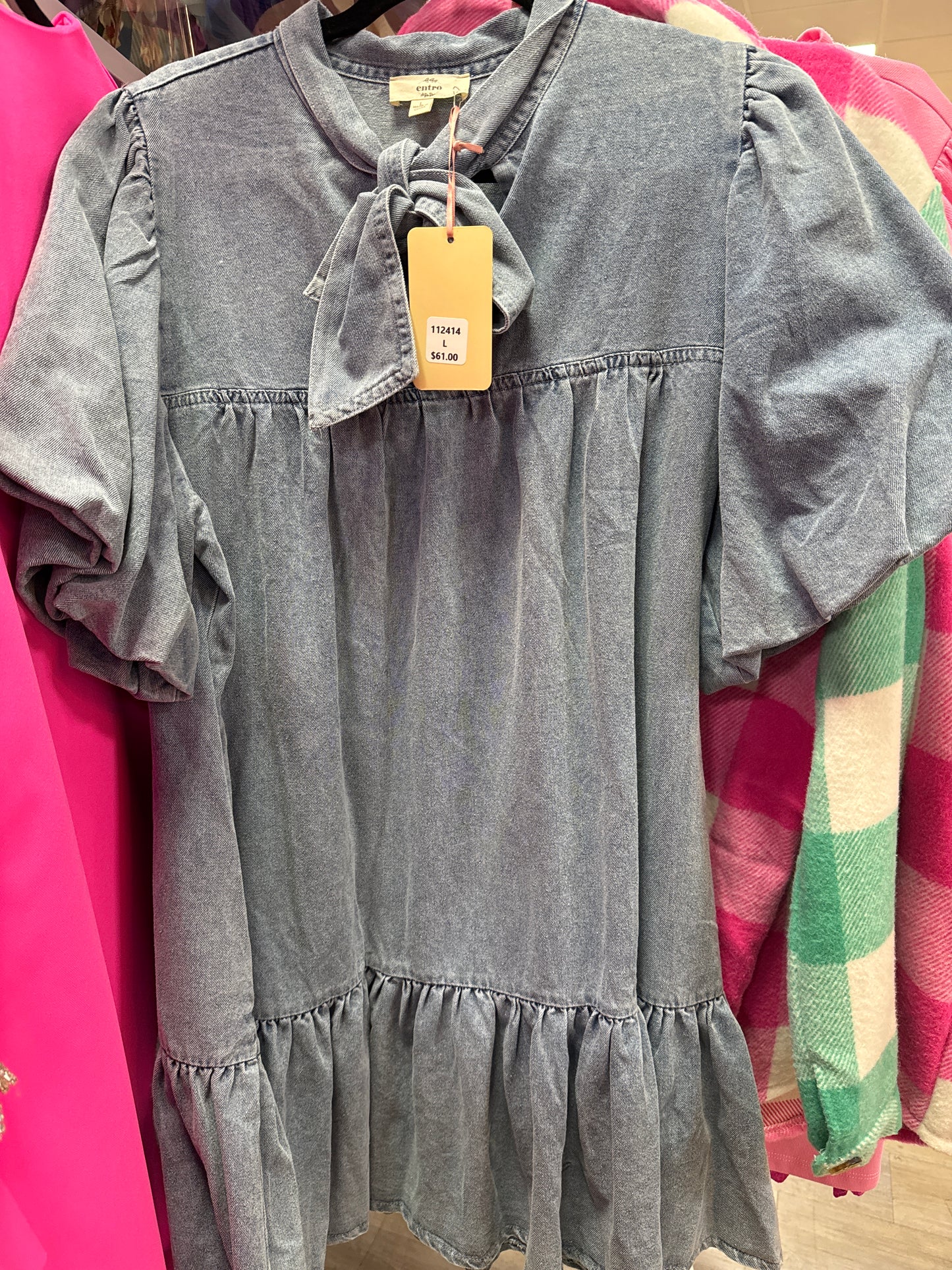 DENIM DRESS W/BOW - L