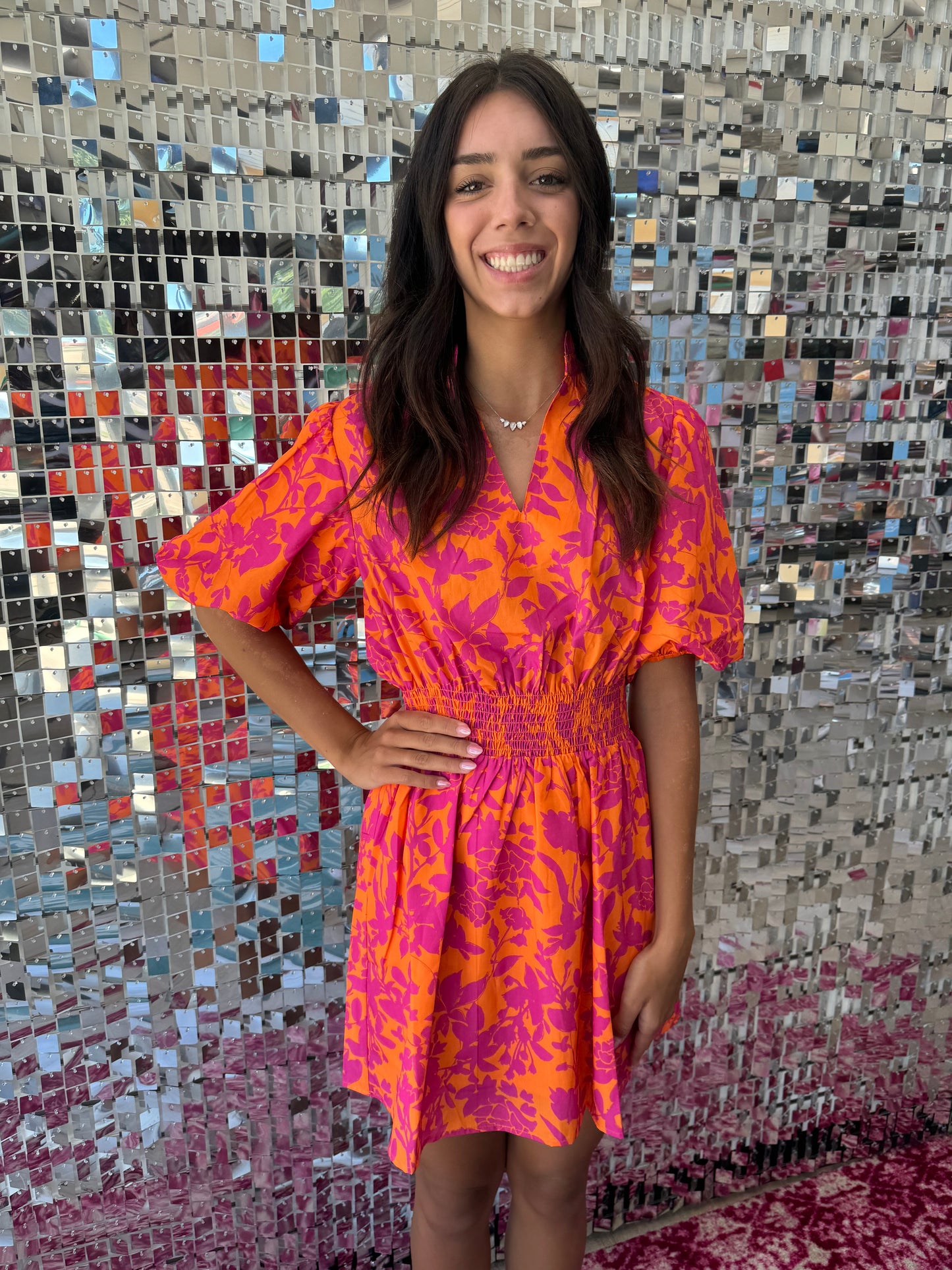 Orange & Fuchsia Floral Print Dress