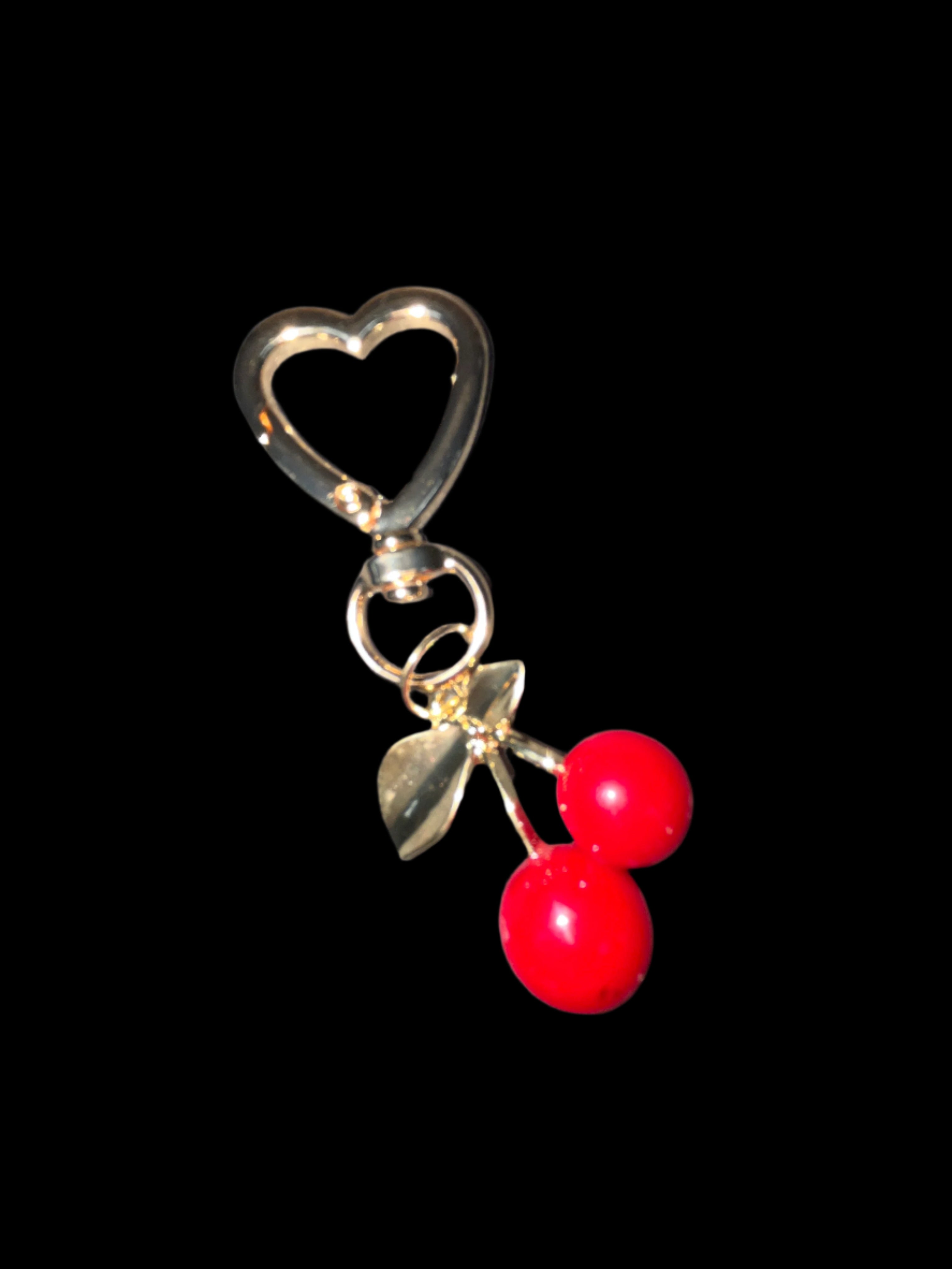GOLD CHERRY MINI BAG CHARM.KEYCHAIN WITH HEART SHAPED RING
