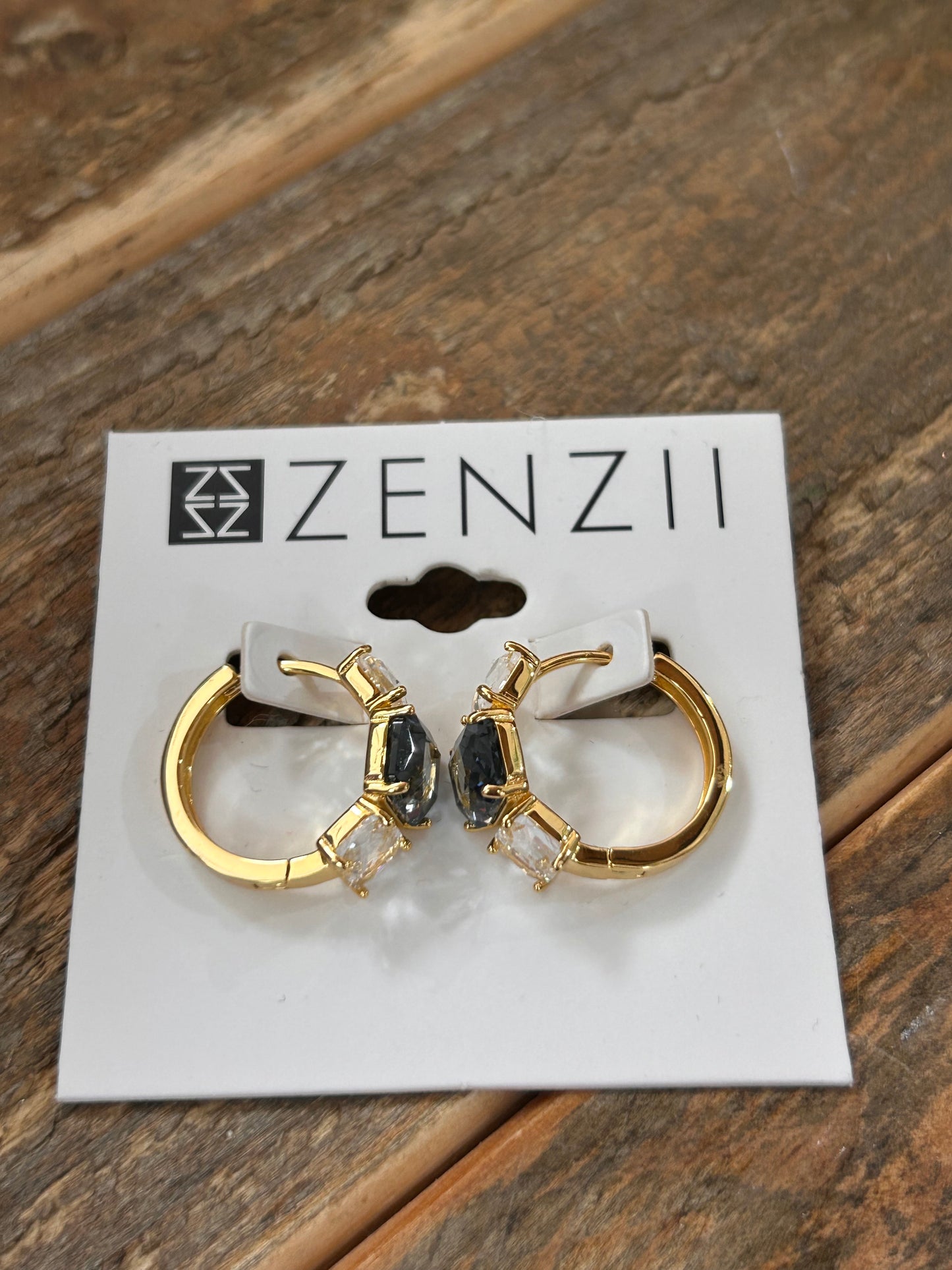 GOLD HOOP EARRINGS W/CLEAR & GRAY RHINESTONES