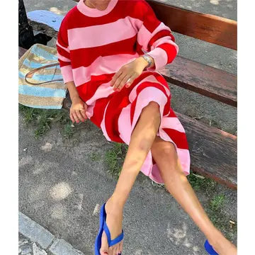 STRIPED KNIT SWEATER DRESS - PINK/RED