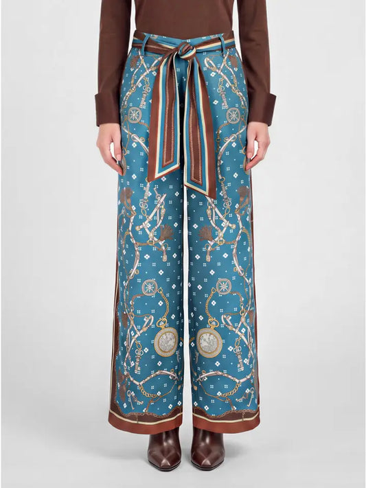 BLUE MULTI  HIGH RISE HORSE BIT WIDE PANTS WITH SCARF WAIST BELT AND CAPE BLOUSE - 2 PC. SET