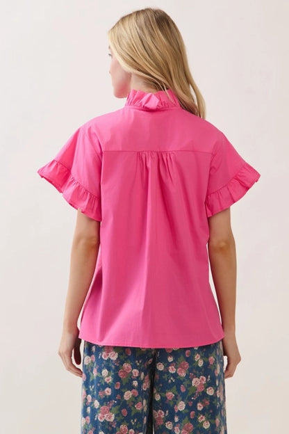 HOT PINK RUFFLE BUTTON-UP TOP WITH SHORT FLUTTER SLEEVES