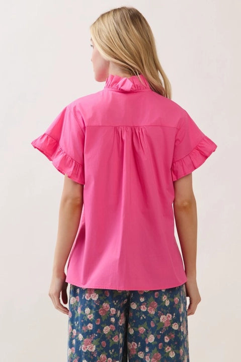 HOT PINK RUFFLE BUTTON-UP TOP WITH SHORT FLUTTER SLEEVES