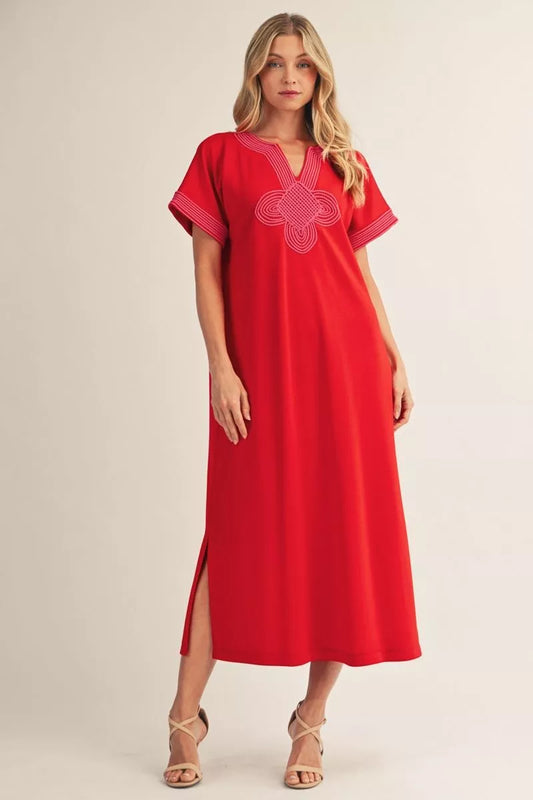 DROP SHOULDER MIDI DRESS - TOMATO RED