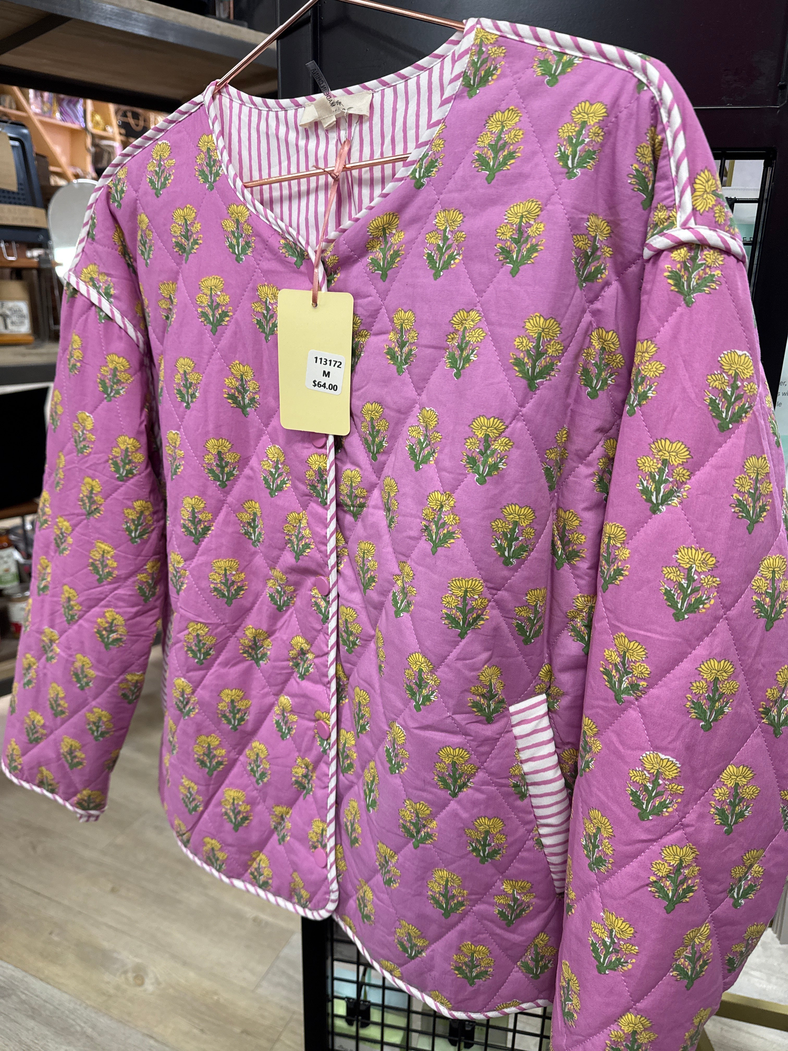 PINK WITH YELLOW DANDELIONS QUILTED JACKET - S