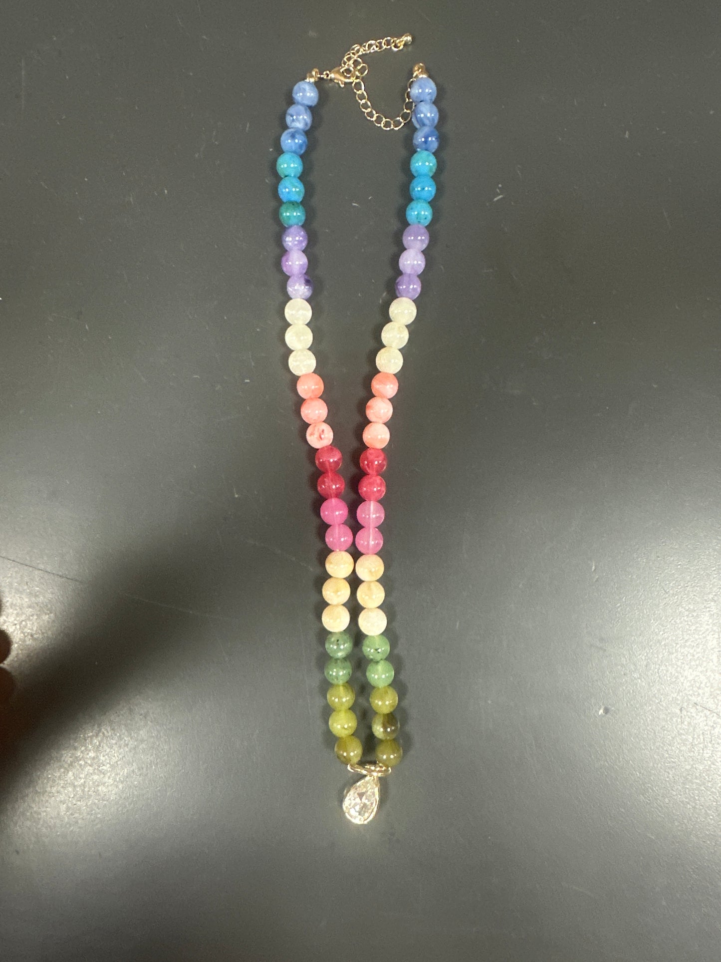 MULTI COLOR BEADED NECKLACE WITH TEAR DROP CRYSTAL PENDANT