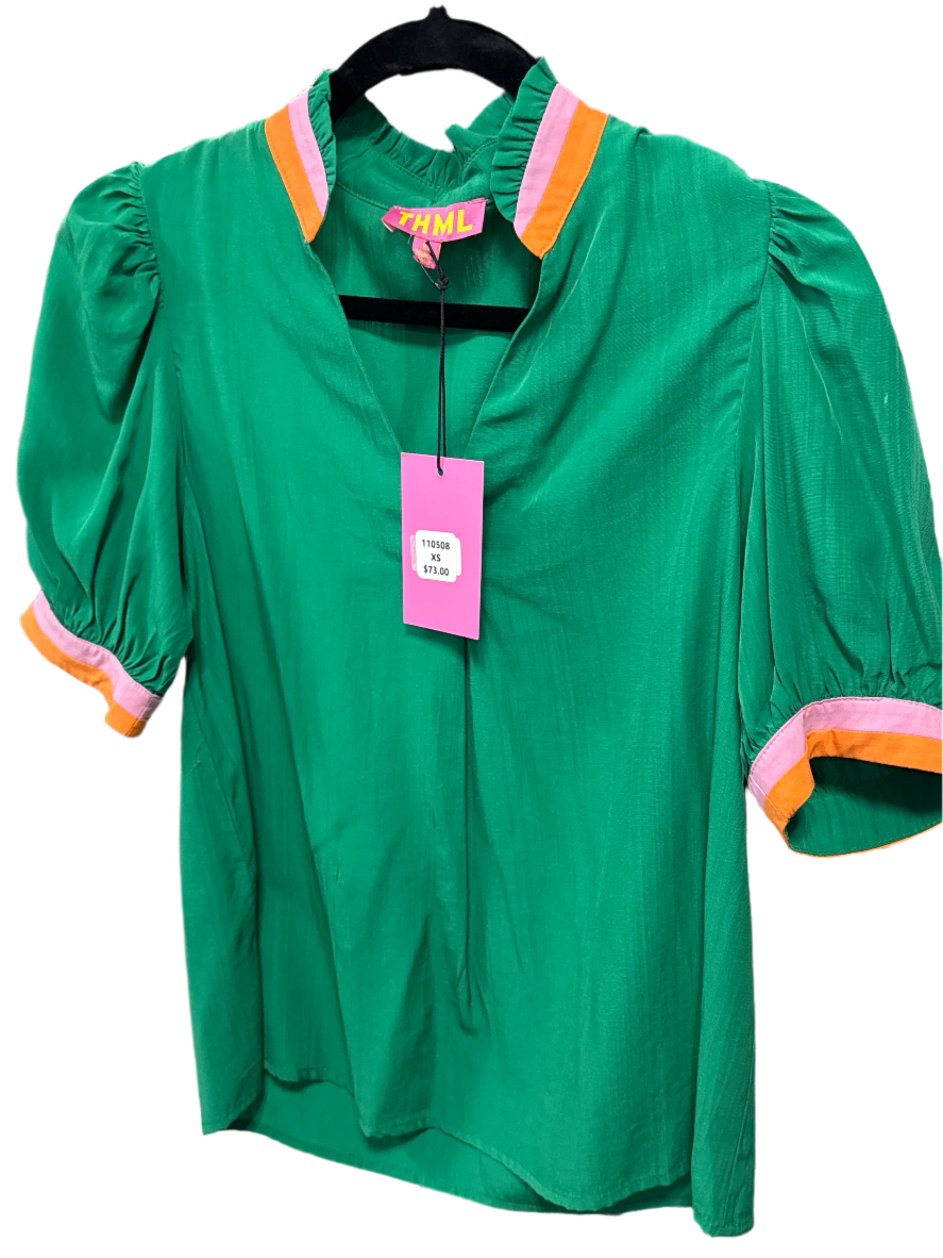 GREEN SHORT SLEEVE STRIPE DETAIL BLOUSE