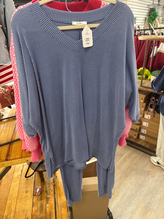 1/2 SLEEVE RIBBED VNECK SWEATER & PANTS-INDIGO